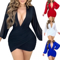 Sexig djup V-ringad långärmad figursydd bodycon klänning