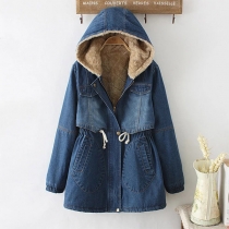 Fashion Solid Color Long Sleeve Warm Denim Padded Coat