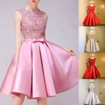 Elegant Lace Spliced Sleeveless Round Neck Dress