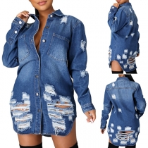 Fashion Long Sleeve Single-breasted Slim Fit Long-style Denim Coat