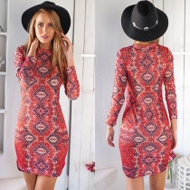 Retro Style Long Sleeve Round Neck Slim Fit Printed Cheongsam Dress