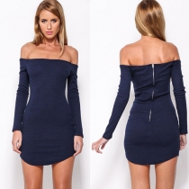 Sexy Slash Neck Long Sleeve Slim Fit Knitted Dress