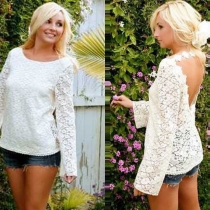 Sexy Backless Long Sleeve Round Neck Lace Tops