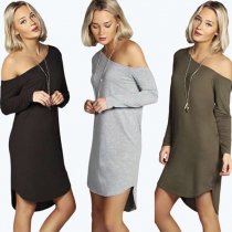Sexy Oblique Shoulder High-low Hem Long Sleeve Solid Color Dress