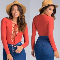Sexy Lace-up Deep V-neck Long Sleeve Solid Color Rompers