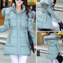 Elegant Solid Color Long Sleeve Hooded Faux Fur Collar Down Coat