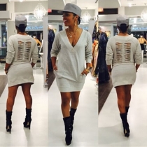 Sexy Deep V-neck Distressed Ripped Long Sleeve Sweatshirt Dress