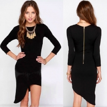 OL Style Solid Color Long Sleeve Round Neck Irregular Hem Dress