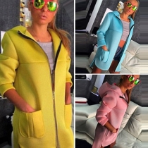 Långärmad enfärgad hoodie med hög-låg fåll