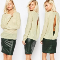 Sexy Backless Long Sleeve Round Neck Solid Color Sweater