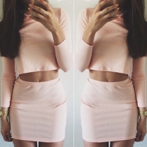 Fashion Solid Color Long Sleeve Tops + Bust Skirt Knitted Suit