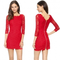 Elegant Solid Color 3/4 Sleeve Slim Fit Hollow Out Lace Dress