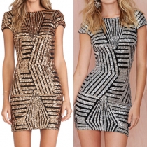 Sexy Backless Short Sleeve Round Neck Sequin Sheath Dress