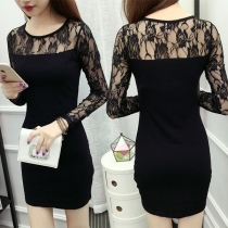 Stitching bud silk Package buttocks long-sleeved dress