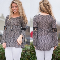 Fashion Lace Spliced Long Sleeve Round Neck T-shirt