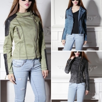 Fashion PU Leather Spliced Long Sleeve Slim Fit Denim Motorcycle Jacket