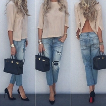 Sexy Backless Half Sleeve Round Neck Solid Color Tops