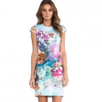 Flowers printed package hip round collar short sleeve cultivate one's morality dress