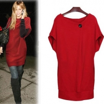 Knitted Dress in Solid Color With Short Sleeves and a Button around the Neckline