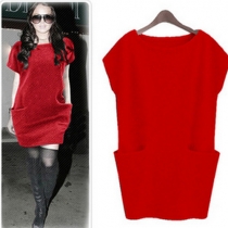Dresses With Solid Color Round-neckline and Two Pockets