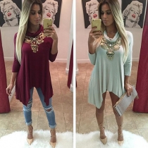 Fashion Solid Color Shawl Collar Long Sleeve Irregular Hem Loose T-shirt