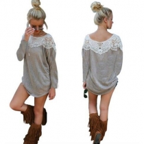 Fashion Long Sleeve Round Neck Lace Spliced T-shirt Dress