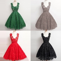 Sexy Deep V-neck Sleeveless High Waist Hollow Out Lace Dress