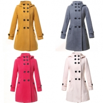 Elegant Solid Color Double-breasted Hooded Slim Fit Woolen Coat