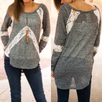 Fashion Lace Spliced Long Sleeve Round Neck High-low Hem T-shirt