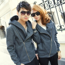 Fashion Solid Color Oblique Zipper Hooded Couple Coats