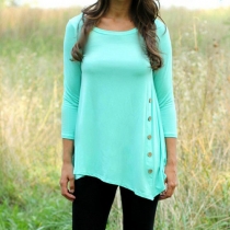 Fashion Solid Color Long Sleeve Round Neck Irregular Hem Loose T-shirt