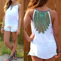 Fashion Hollow Out Lace Spliced Sleeveless All-match Tops