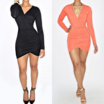 Sexy Deep V-neck Irregular Hem Long Sleeve Sheath Dress