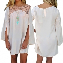 Fashion Slit Trumpet-sleeve Hollow Out Round Neck Shift Dress