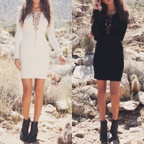 Sexy Lace-up Deep V-neck Long Sleeve Solid Color Dress