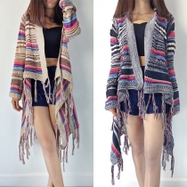 Fashion Long Sleeve Irregular Tassel Hem Contrast Color Striped Cardigan