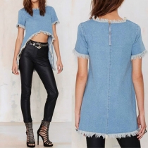 Fashion Short Sleeve Round Neck Irregular Hem Denim Tops