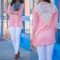 Fashion Lace Spliced Long Sleeve Round Neck T-shirt