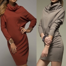 Fashion Solid Color Long Sleeve Turtleneck Slim Fit Dress