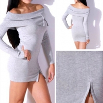 Sexy Slash Neck Long Sleeve Slim Fit Solid Color Dress