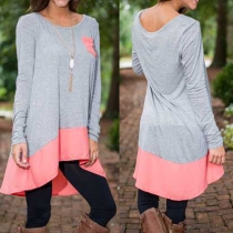 Fashion Contrast Color Long Sleeve Irregular Hem T-shirt Dress