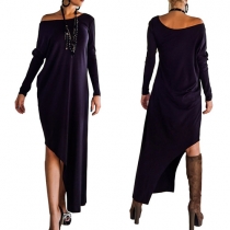 Sexy Slash Neck Long Sleeve Irregular Hem Dress
