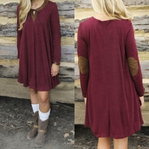 Fashion Contrast Color Long Sleeve V-neck Loose Dress