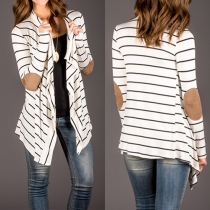 Fashion PU Leather Spliced Long Sleeve Striped Cardigan
