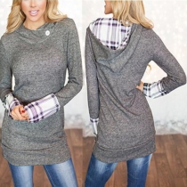 Fashion Plaid Spliced Long Sleeve Hooded Long Sweatshirt