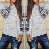 Fashion Printed Spliced Long Sleeve Round Neck T-shirt