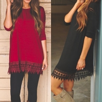 Fashion Solid Color Lace Spliced Hem Long Sleeve Dress