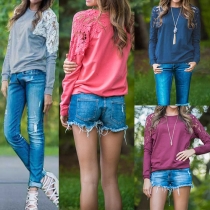 Fashion Lace Spliced Long Sleeve Round Neck Sweatshirt