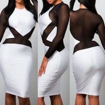 Sexy See-through Gauze Spliced Long Sleeve Round Neck Bodycon Dress
