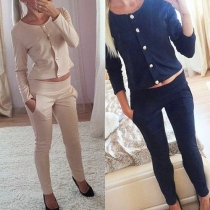 Fashion Solid Color Long Sleeve Cardigan + Pants Two-piece Set
